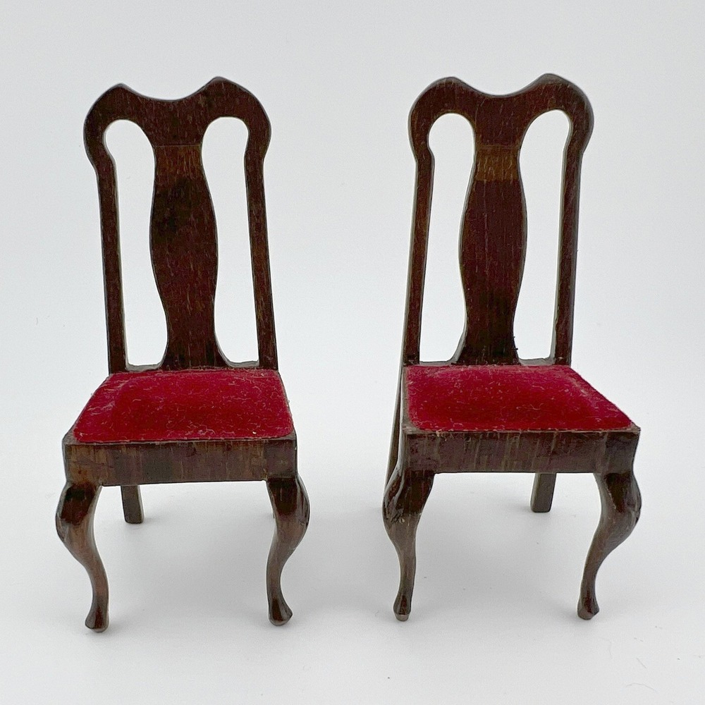 Vintage Dollhouse Wooden Chairs Red Velvet Seats Miniature Furniture (2)